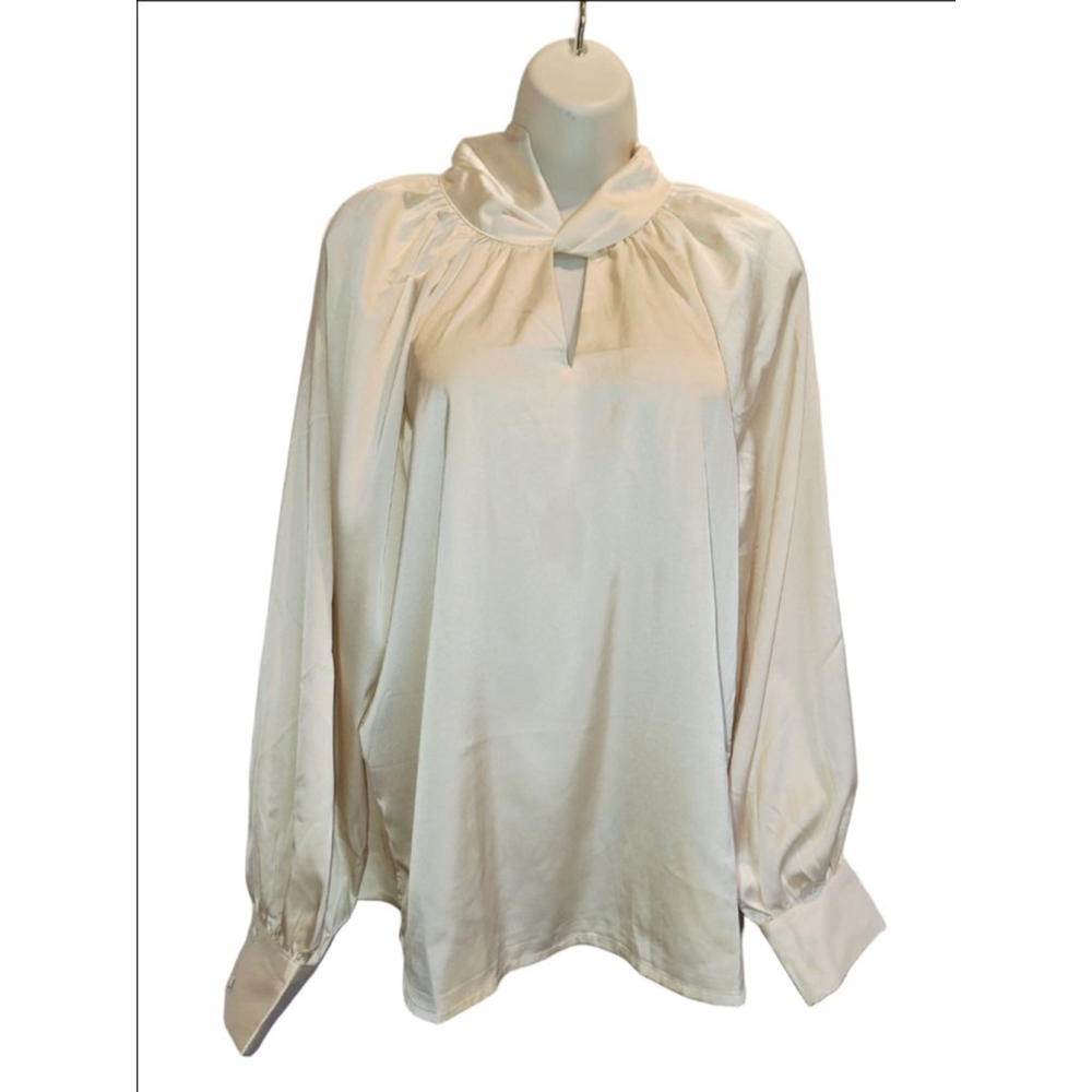 Blu Pepper Beige Satin High Neck sz L Boardroom.chic lawyer secretary top nwt